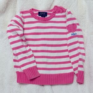 Ralph Lauren Striped white and pink Girl's Heart-Patch Cotton Sweater